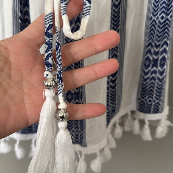 Blue island boho coverup dress tunic blue and white tassel shirt Medium - Picture 2 of 7